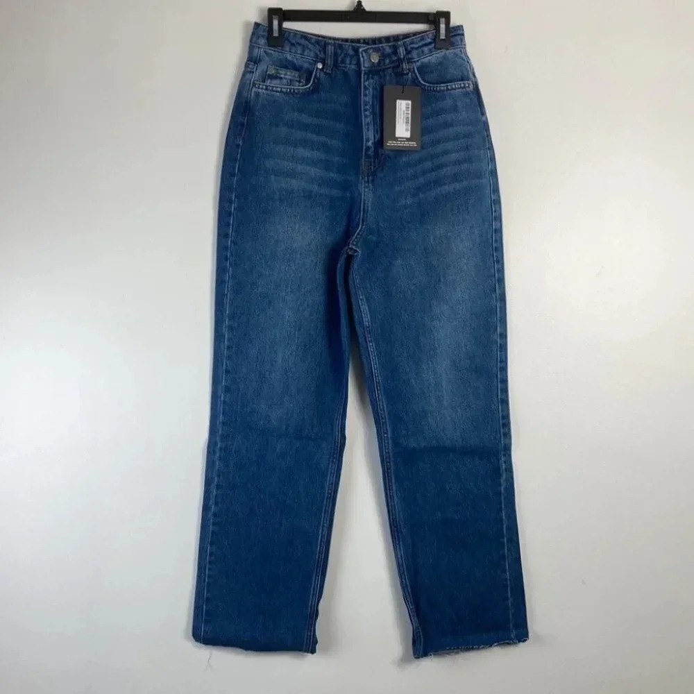 PLT High Waist Straight Leg Medium Wash Jeans Raw Hem‎